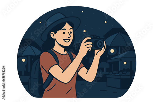 A young woman on vacation captures memories with her camera at a lively Asian night market, immersing herself in local culture and savoring street food under vibrant lights