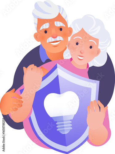 Dentistry visual concept vector flat cartoon illustration. Happy elderly embraced couple holding medical shield with dental implant symbol.