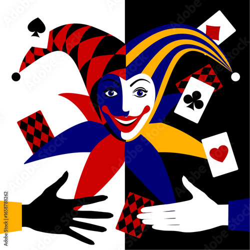 The Joker's smiling head in a silly hat and silhouettes of hands with playing cards. Vector illustration in a minimalistic flat style