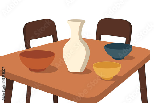 Illustration set featuring clay pots and cups arranged on a table in a vector food style