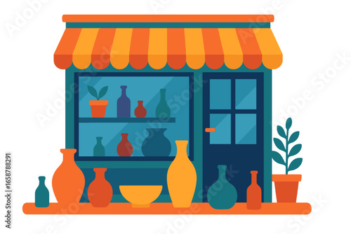 A vacant Arabic marketplace is depicted in a flat vector illustration, featuring stalls selling fresh fruits, spices, ceramics, and rugs, but devoid of both people and merchants
