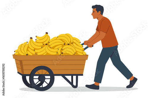 A hand drawn vector illustration of a man pushing a fruit cart stall selling street food in Thailand
