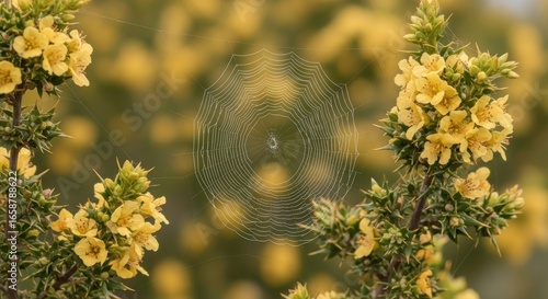 Intricate spider web among yellow blossoms in nature
