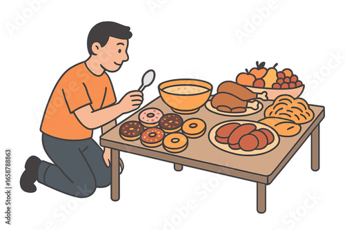 A skilled artisan carefully examines authentic Japanese confections at a vendor booth, as depicted in a detailed illustration emphasizing texture and color, available for commercial purposes