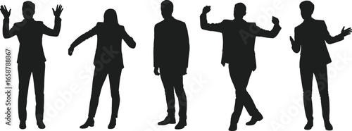 Business people silhouettes, standing poses, executive gestures, office workers vector, professional staff illustration, corporate team design, teamwork concept, modern business presentation figures
