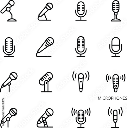 Microphone icons set, audio equipment outline, podcast symbol, music tool design, sound recording illustration, broadcast microphone, voice communication vector, studio mic