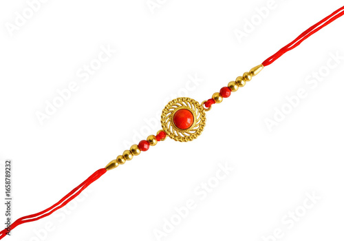 Decorative golden rakhi with red stone and beads for raksha bandhan celebration isolated on transparent background