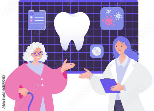 Dentistry visual concept vector flat cartoon illustration. Dentist diagnose tooth and health status from x ray of female elderly patient.