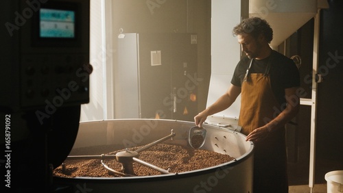 Wallpaper Mural Caucasian male with curly hair wearing brown apron standing near large roasting drum. Scooping freshly roasted coffee beans. Inspecting batch quality while working in sunlit coffee production room. Torontodigital.ca