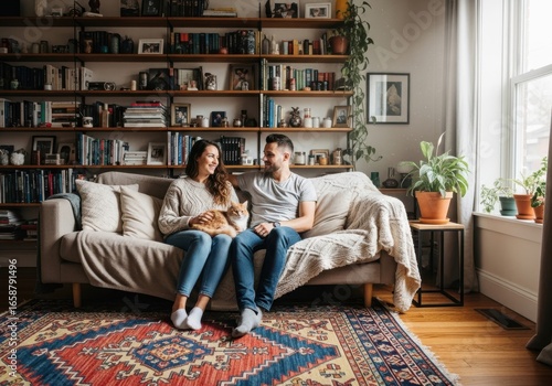 Happy couple with a cat in a bright living room