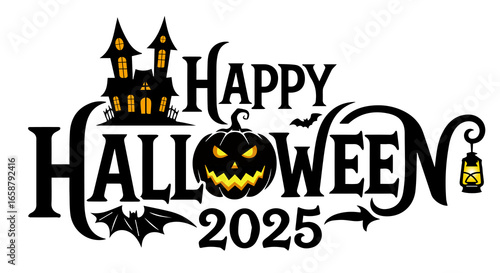 Scary Halloween Text with Pumpkin Face, Haunted House, and Lantern – Dark Spooky Background Illustration