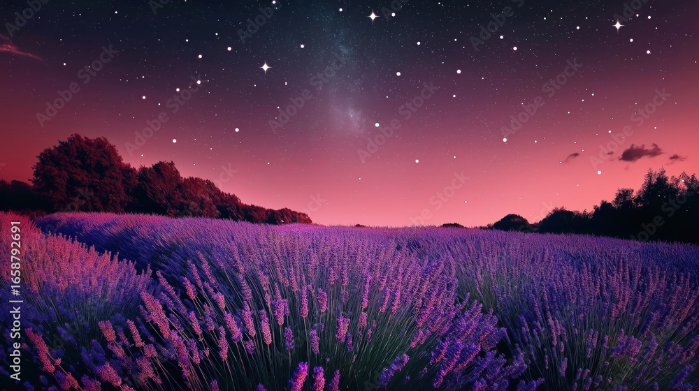 Fototapeta premium Lavender field under moonlight with twinkling stars and glowing purple flowers, peaceful dreamy scene.