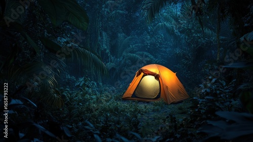 Fototapeta Naklejka Na Ścianę i Meble -  orange camping tent sitting deep in the amzon jungle at night, thick jungle leaves, dark amazon jungle, light inside the tent