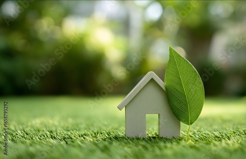 Green house model with a leaf on grass on a sunny day for an ecofriendly home concept energy sharing and a zerowaste environmentally sustainable lifestyle back.