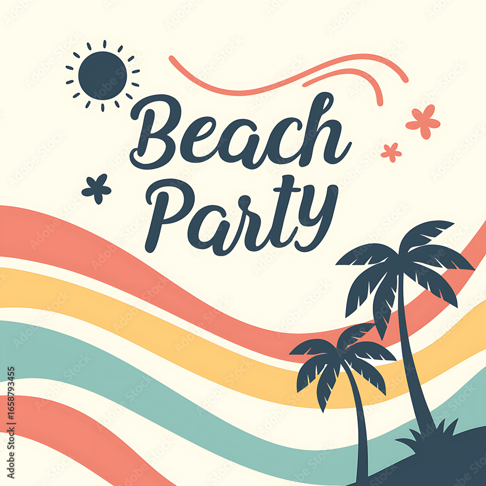 Naklejka premium Illustration of a beach party with palm trees, sun, waves, and flowers in a square frame