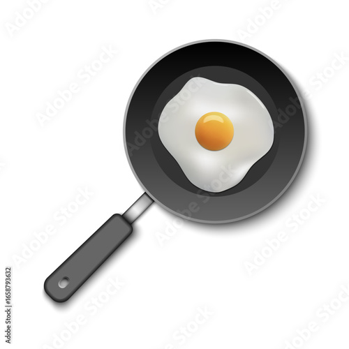 Fried Egg in the Frying Pan, Closeup Isolated in Top View. Design Template of Scrambled Eggs, Fried Egg, Omelette. Delicious Breakfast, Food, Culinary Concept, vector illustration