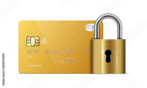 Realistic credit or debit bank card and lock, Personal finance security. Technology to protect data and funds on a bank account from hacking and theft. vector illustration