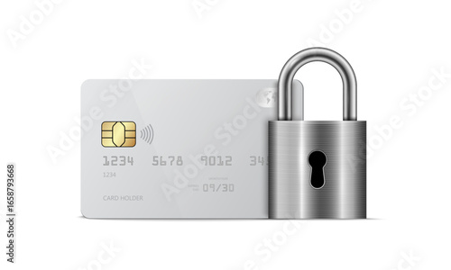 Realistic credit or debit bank card and lock, Personal finance security. Technology to protect data and funds on a bank account from hacking and theft. vector illustration