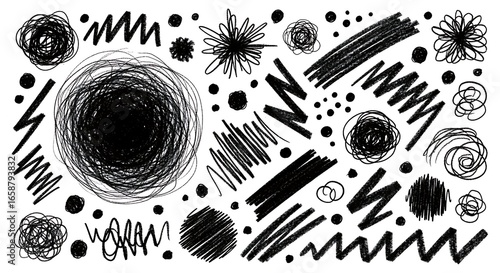 Illustration collection of black and white scribbles, doodles, and abstract line patterns isolated on white background