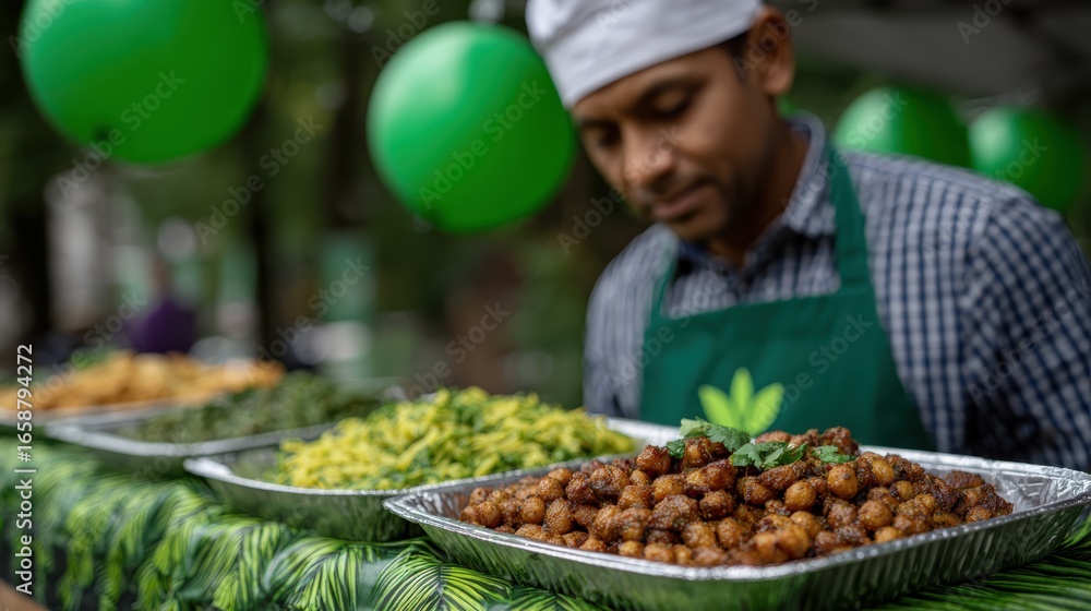 Obraz premium vegetarian street food fest, street food festival celebrating world vegetarian day with vibrant stalls and chefs cooking meatless meals, people sampling glossy street food