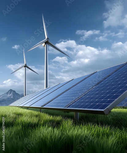 A photorealistic rendering of solar panels and wind turbines in an open field with blue skies above and green grass underfoot The scene captures the energy la.