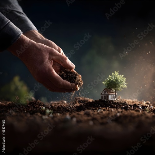 close up shot of a person hand planting a landed house into soil symbolic rebirth shot rich texture cinematic shot.