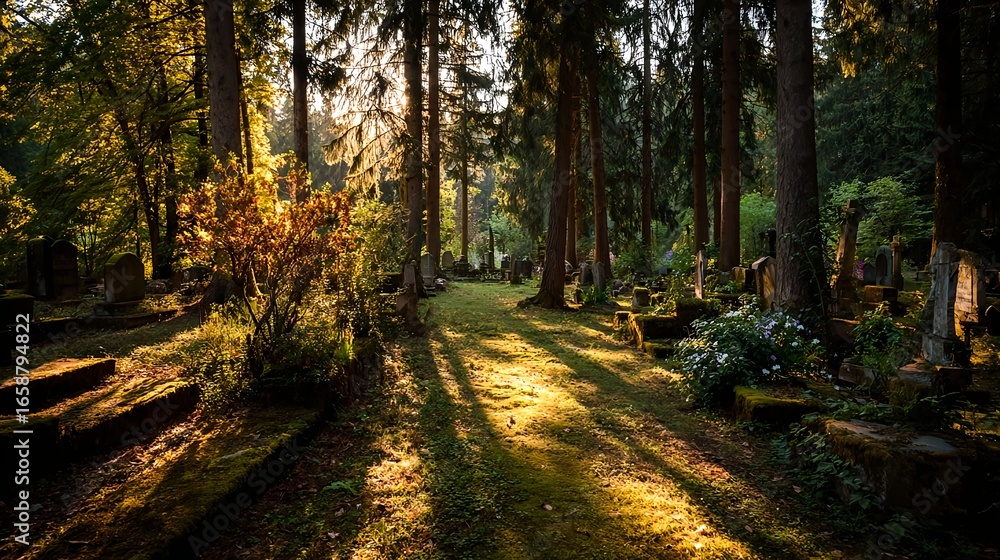Obraz premium Atmospheric illustration of an old forest cemetery with moss-covered graves and tombstones illuminated by warm sunlight. A symbolic All Saints Day themed composition representing remembrance, spiritua