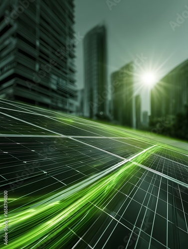 Closeup of a solar panel installed on a rooftop of a modern building on a bright day Sleek vibrant green energy lines 99cc33 flow smoothly across the solar pa.
