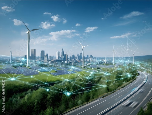 A modern city skyline with wind turbines and solar panels in the background surrounded by green fields and a highway under a blue sky In front of it is an ill.