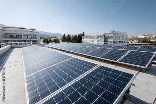 solar panels on a rooftop sunny day clear sky CLEAN ENERGY CONCEPT NO PEOPLE.