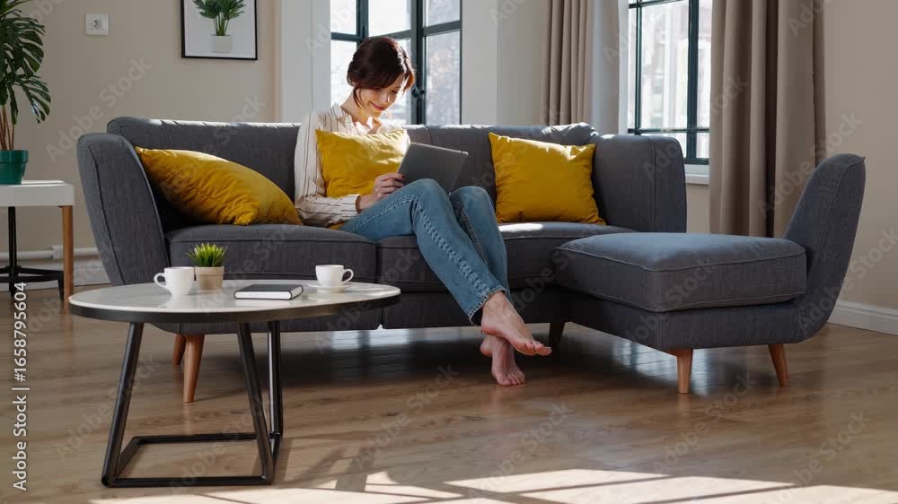 A young woman relaxes on a comfortable sofa using a digital tablet for remote work or online shopping this lifestyle scene represents modern comfort and home life A young woman relaxes on a comfortable sofa using a digital tablet for remote work or online shopping this lifestyle scene represents modern comfort and home life