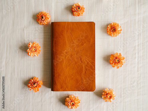 Orange flowers surrounding leather journal notebook