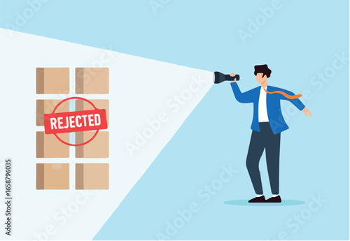 Flat illustration of quality control manager pointing flashlight at rejected products during inspection