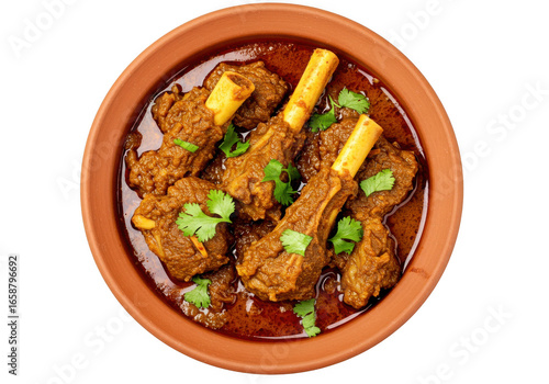 Delicious lamb curry served in a rustic bowl with fresh cilantro garnish isolated on transparent background