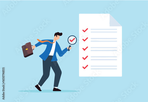 Flat illustration of businessman with magnifier inspects document check quality assurance and research for proof