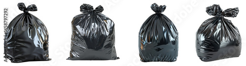 Four black garbage bags tied and closed, isolated on transparent background
