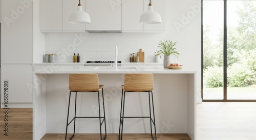 Wallpaper Mural Modern white kitchen with wooden bar stools and large window Torontodigital.ca