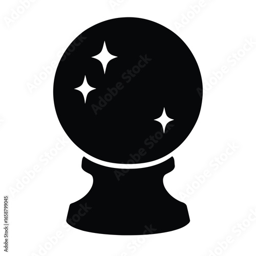 Black Crystal Ball Silhouette With Stars On White Background fortune telling prediction