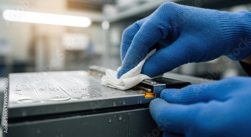 Person cleaning industrial machine surface with blue gloves in factory setting