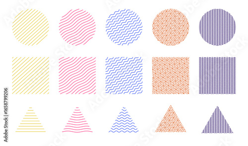 Geometric shapes with line patterns, abstract circles, squares and triangles in colorful wavy striped textures, modern vector design elements