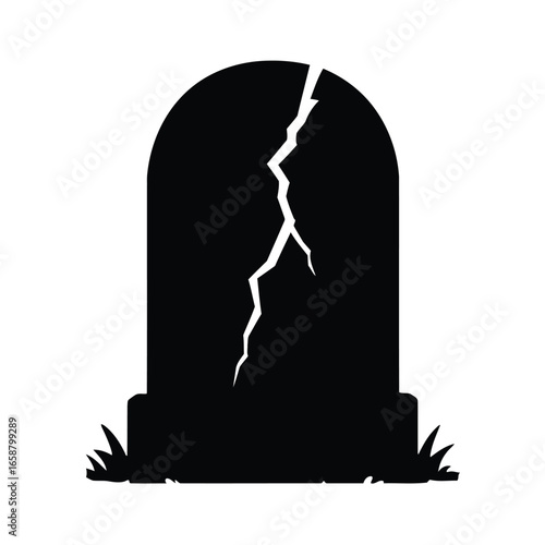 Cracked Tombstone Silhouette with Grass