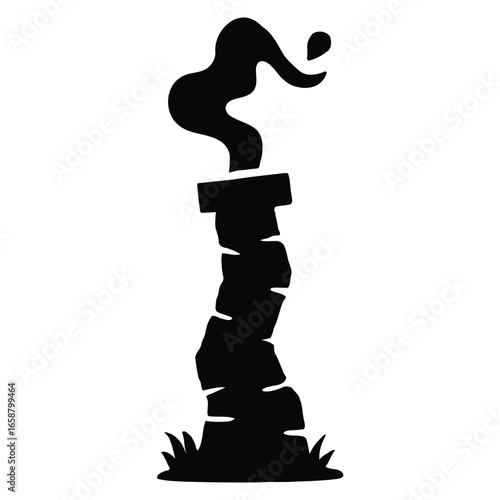 Black silhouette of a smoking chimney with grass on a white background smoke