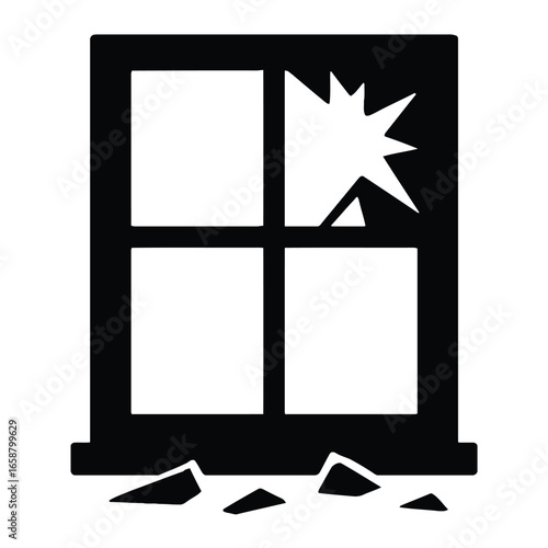 Black Silhouette of Broken Window with Jagged Glass Shards shattered damage