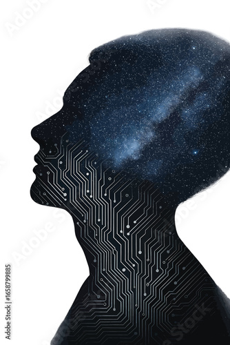 Artificial intelligence concept with human profile silhouette filled with galaxy and circuit board vector Future of technology machine learning and cosmic mind idea