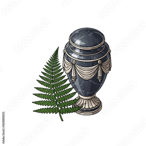 Funeral urn with fern leaves symbolizing eternal rest.