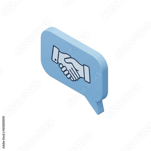 Blue speech bubble with handshake symbolizing agreement and peace.