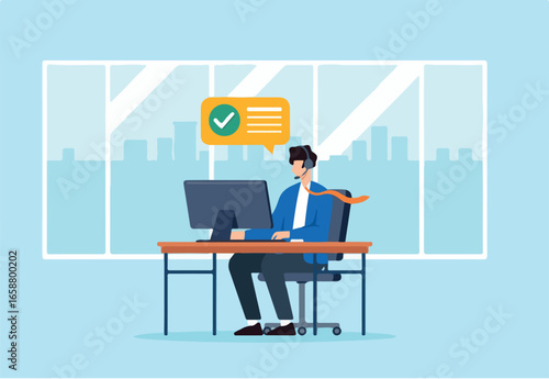 Flat illustration of office employee answering customer calls with headset and desktop computer at work desk in modern workplace