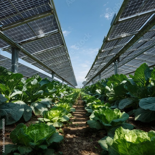 Perspective view of a bifacial agrivoltaic solar panel installed above rows of leafy green crops in a cultivated field realistic shadows natural sunlight high.