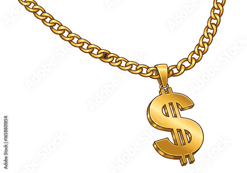 Illustration of a golden chain necklace with a dollar sign pendant against a white background on transparent background
