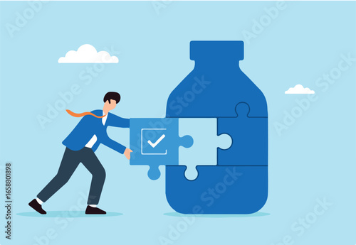 Flat illustration of quality control manager placing checklist puzzle piece into product bottle shape for compliance check